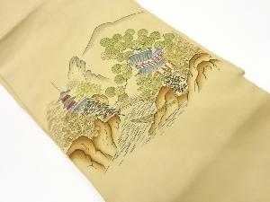 リサイクル　手描き山並み・橋に舟・塔・風景模様名古屋帯